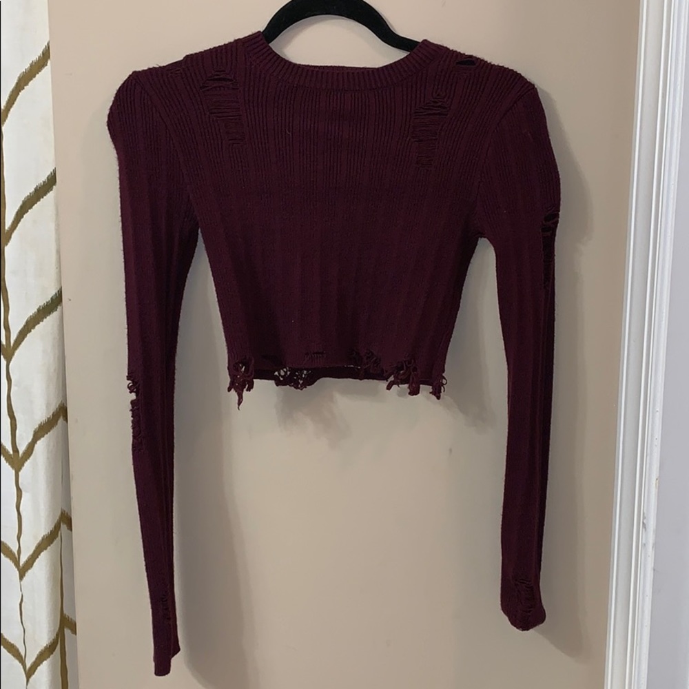 Distressed ripped wine red crop top